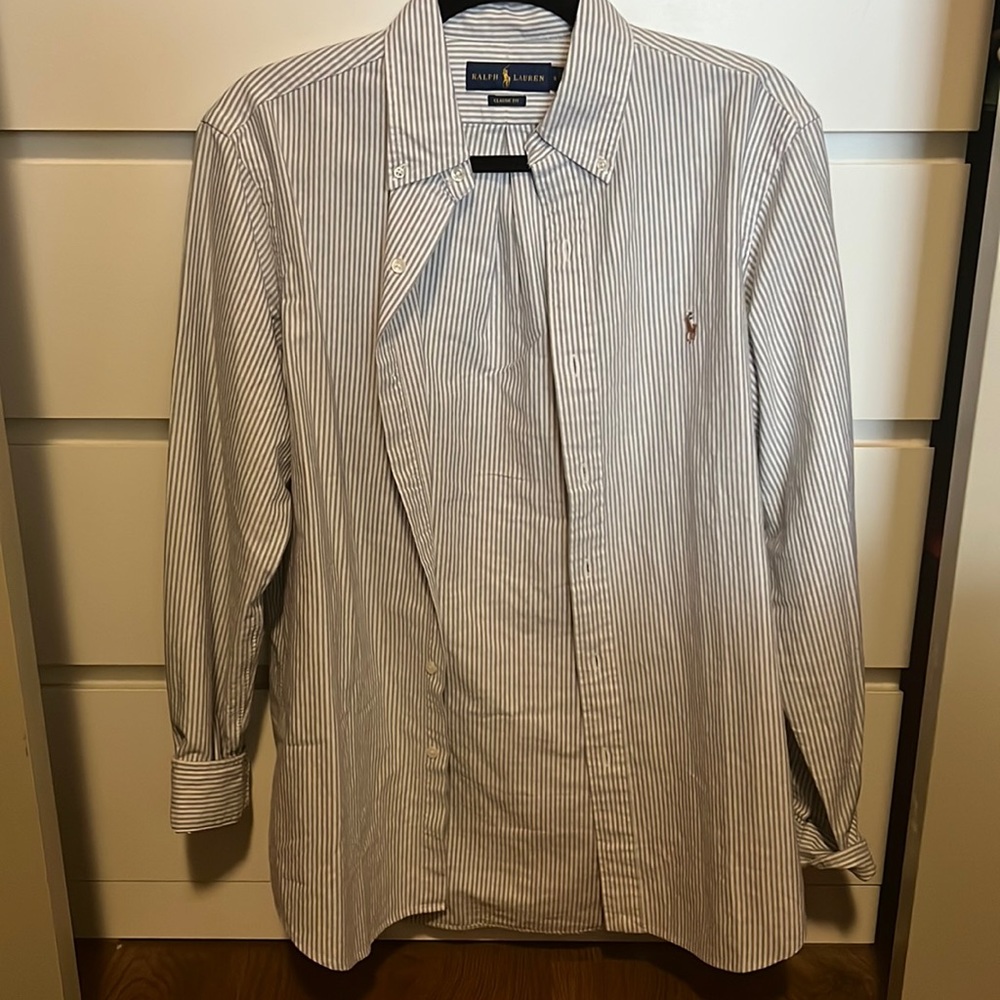 Men’s grey and white pinstripe medium Polo shirt